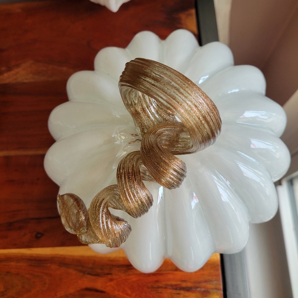 Hand Blown Glass Glossy Pumpkin: White , Gold Leaves Fall Decor Autumn - Picture 2 of 9